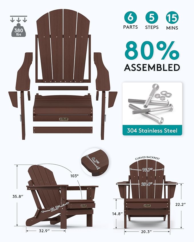 SERWALL Adirondack Chair Set of 8 for Patio Garden (Folding Coffee)