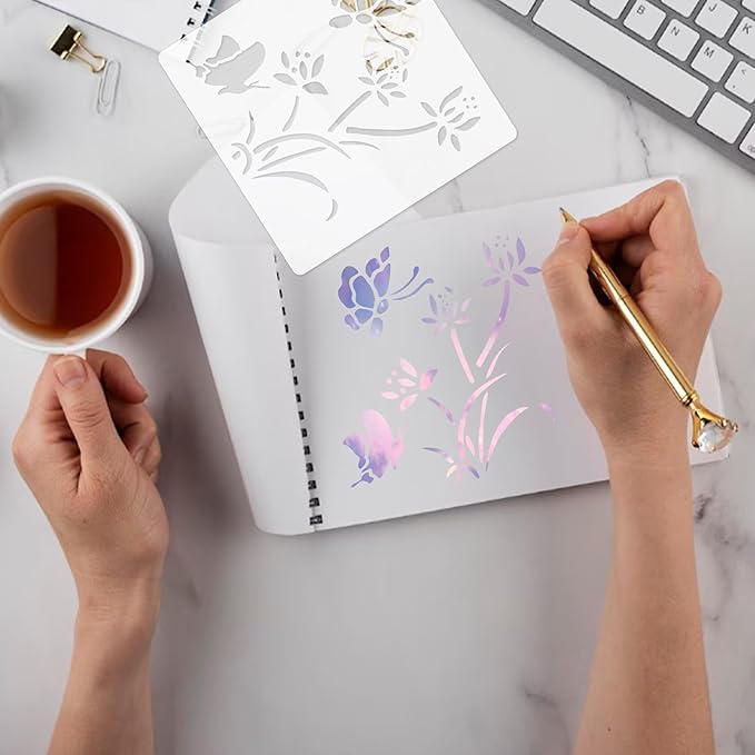 20 pcs Flower Butterfly Stencils Reusable, 5x5 Spring Theme Stencils for Painting on Wood, Plastic Drawing Painting Spraying Template for Greeting Cards, Wall Window Door DIY Decoration (G-20PCS)