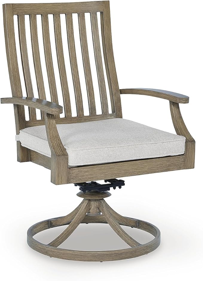 Signature Design by Ashley Rainier Ranch Contemporary Nuvella Weather Resistant Fabric Outdoor High Back Rocker Swivel Chair with Cushion, Set of 2, Light Brown & Beige