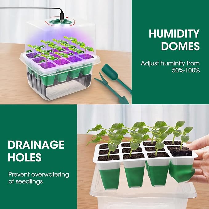 Seed Starter Tray with Grow Light,5 Pack 60 Cells Seedling Tray Kit Reusable & Dishwasher Safe for Starting Vegetable, Flower & Herb Seeds Indoor Grow Kit for Deep-Rooted Seedlings