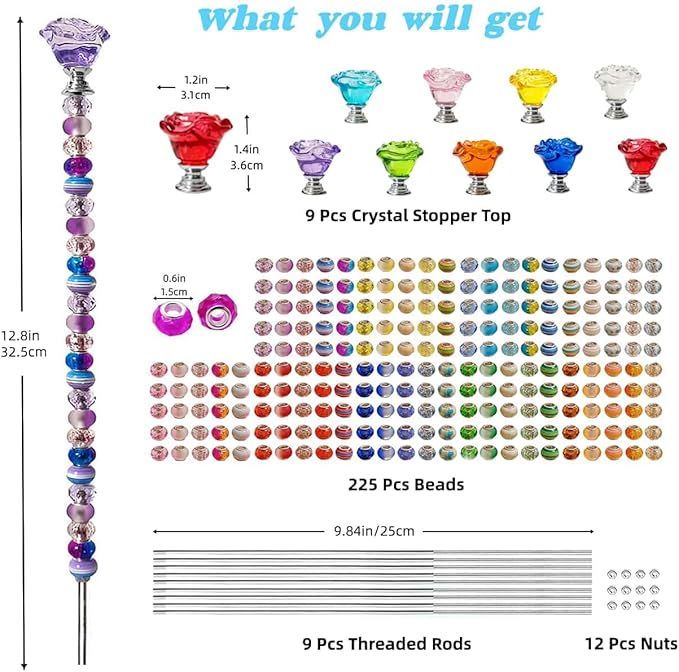 255Pcs Fairy Garden Accessories Outdoor Kit for Different Holidays, Fairy Wand Garden Stake Beads Kits with Large Hole Beads and Crystal Flowers, Beaded Garden Stake Kit (Crystal Flower)