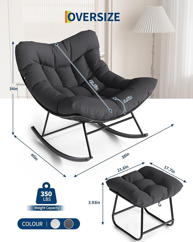 GarveeLife Oversized Papasan Rocking Chair with Footrest, Outdoor Lounge Chair with Ottoman and Sturdy Metal Frame, Patio Rattan Egg Rocker for Balcony Backyard Porch Bedroom, Grey