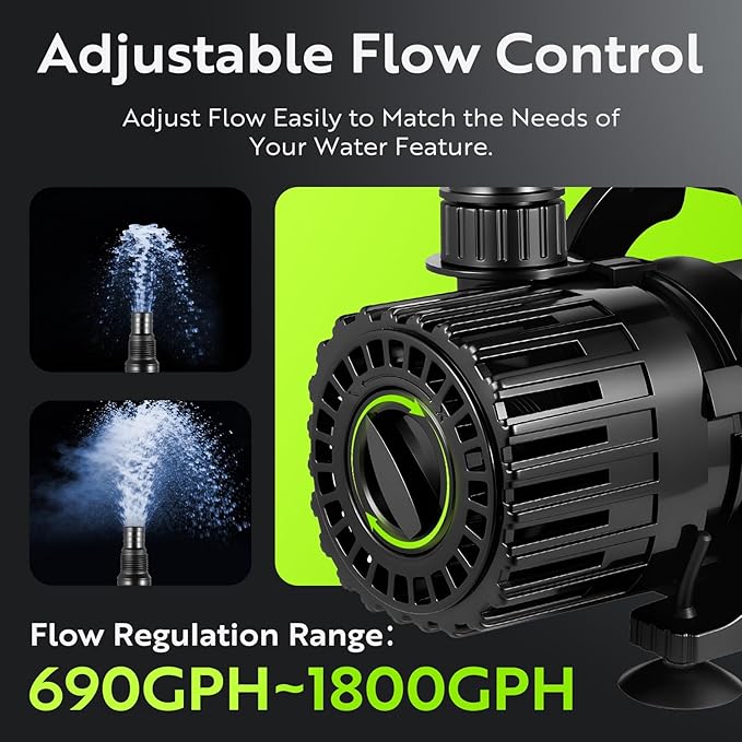 1800GPH Pond Pump with Adjustable Flow Control, 100W Submersible Waterfall & Fountain Pump, 0–180° Rotatable Outlet, Filter Bag, IPX8, UL Listed, Black