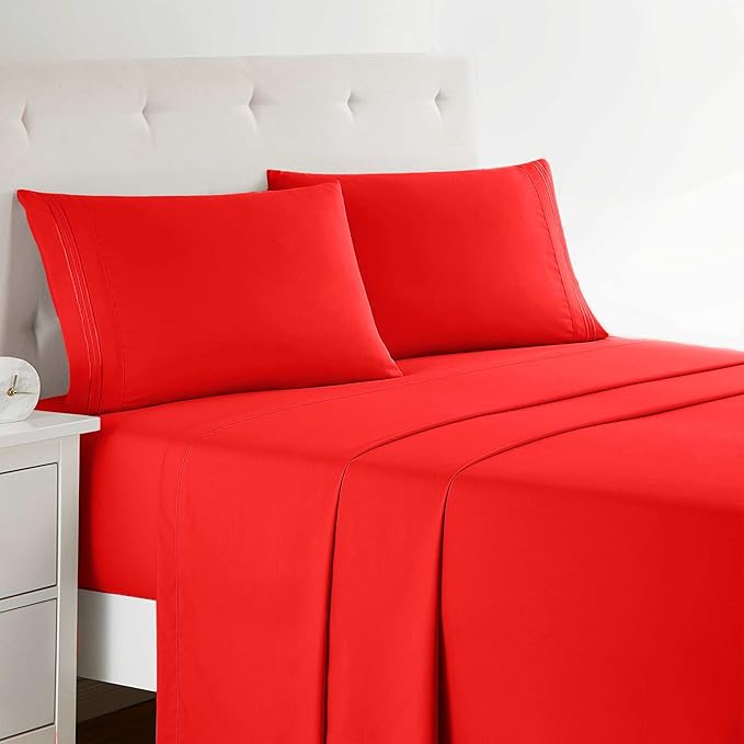 Clara Clark Queen Sheets Set, Deep Pocket Bed Sheets - 4 Piece Queen Size Sheets, Extra Soft Bedding Sheets & Pillowcases, Queen Cherry Red