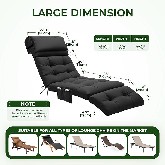 Outdoor Chaise Lounge Chair Cushion Waterproof 74.4 x 22 x 4.7 Inches Lounge Chair Cushions Thickened for Outdoor Furniture with Headrest and Pocket, Replacement Pool Lounge Cushions, Black