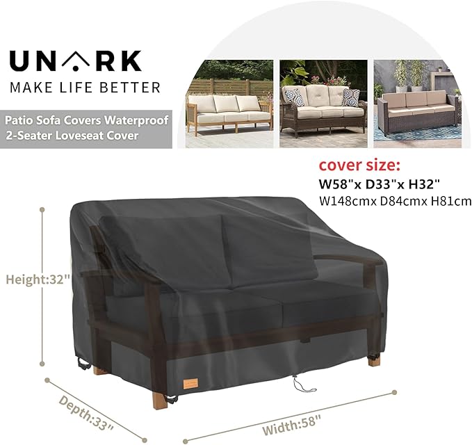 Outdoor 2 Seater Loveseat Cover, Waterproof Heavy Duty Patio Furniture Covers, 58W x 33D x 32H Inches Outdoor Couch Cover, Sofa Covers for Patio Furniture Waterproof,Black