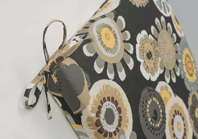 Pillow Perfect Floral Indoor/Outdoor Solid Back 1 Piece Square Corner Chair Cushion with Ties, Deep Seat, Weather, and Fade Resistant, 36.5" x 18", Black/Yellow Crosby, 1 Count