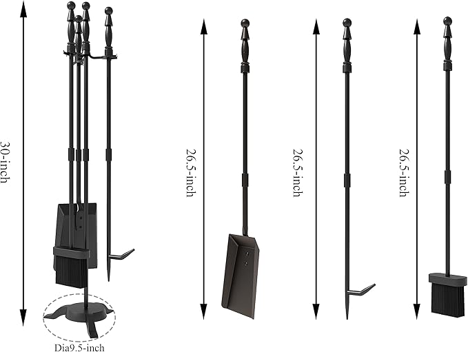 Fire Beauty Fireplace Tools Set 4 Pieces Black Wrought Iron Fire Tool Set for Outdoor/Indoor Include Poker, Shovel, Brush and Stand Accessories Set