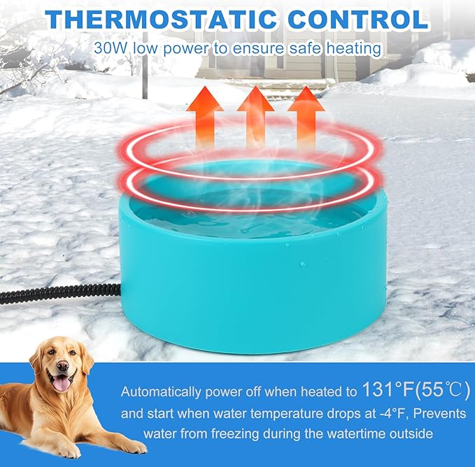 Heated Water Bowl for Cats & Dogs, 3.2L Heated Dog Bowl, Outdoor Heated Dog Water Dish in Winter, Thermostatic Control Anti-Freeze Heated Pet Water Bowl for Chicken,Duck,Goose,Rabbit
