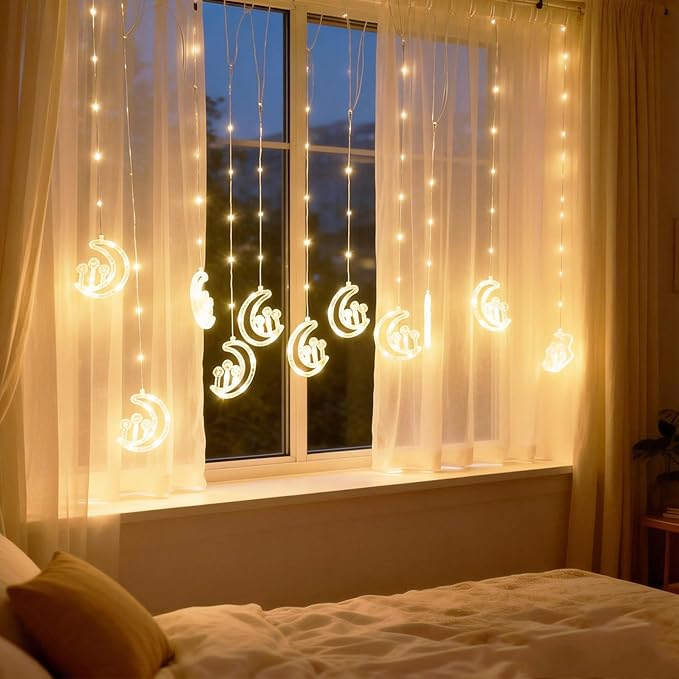 Vigdur Moon Ramadan Curtain Lights, 120 LEDs Warm White Eid Mubark Ramadan Curtain Fairy Lights with Remote & 8 Lighting Modes, Ramadan Decoration Lights for Home Holiday Eid Decorations(10FT)