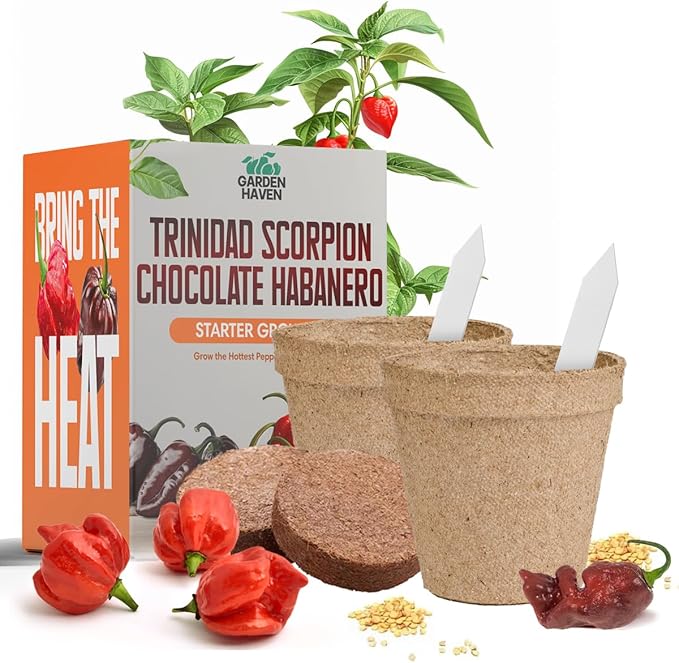 Chocolate Trinidad Scorpion Pepper Seed Starter Kit, Hot Pepper Grow Kit with Peat Pots, Coco Coir Discs, Plant Markers and Instructions, Indoor/Outdoor Growing