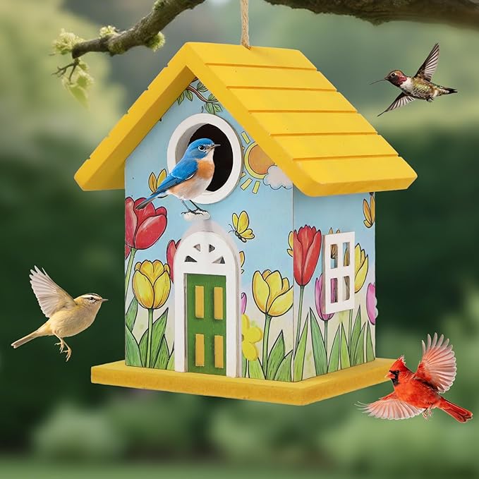 Wooden Bird Houses Bird House for Outside Yellow Wood Bird House for Outdoors,Handmade Painted Tulips Bird Houses for Garden Blue Bird Hummingbird Wren Cardinal Swallow Sparrow Finch Chickadee