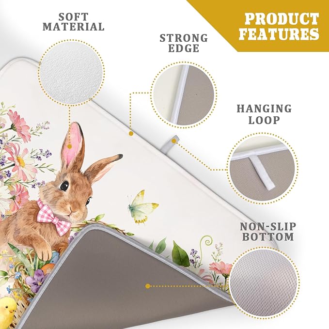 Easter Bunny Eggs Dish Drying Mat for Kitchen Counter 18x24 Inch Spring Flowers Large Microfiber Dish Drainer Rack Mats
