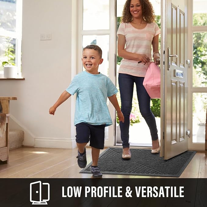 Sturdy Front Door Mat, Absorbent Muddy Dirt Resist Welcome Door Mats Outdoor Indoor, Stain and Fade Resistant, Non-Slip Backing Entry Mat Low Profile Doormat for Entryway, 47×32, Grey