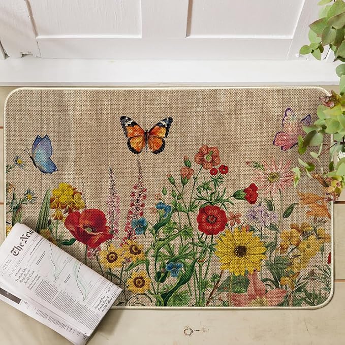 Artoid Mode Wood Flowers Butterfly Spring Doormat, Home Summer Decor Low-Profile Switch Rug Door Mat Floor Mat for Indoor Outdoor 24x35 Inch