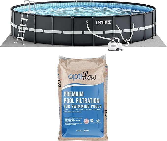 Intex Above Ground Swimming Pool Set, Ultra XTR 18' x 52" Round Frame Bundled with OptiFlow Premium Pure Silica Filter Pool Sand, 50 lb Bag