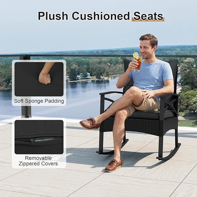 Tangkula 3 Pieces Outdoor Rocking Chairs Set, Rattan Heavy Duty Cushioned Rocker Chairs with 2-Tier Tempered Glass Coffee Table, for Garden, Balcony, Backyard (Black+Gray)