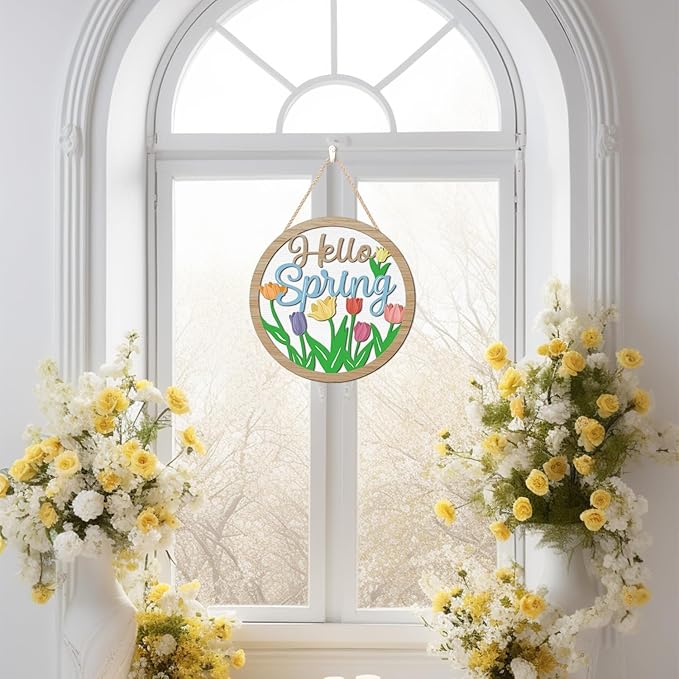 HOURIA 3D Bright Hello Spring Front Door Decor,11.4”Inches Colorful Tulip Flower Wood Hanging Sign for Wreath,Rustic Farmhouse Spring Floral Welcome Decorations for Indoor Outdoor Home Porch Office