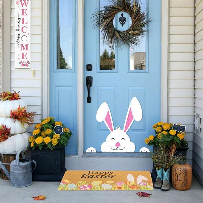 Easter-Decorative-Welcome-Doormat Outdoor-Entrance Easter Bunny Door Mat Non Slip Coir Front Door Mats for Spring Home Decor 17" x 29"