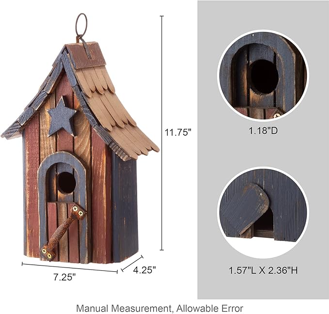 Glitzhome Hanging Birdhouse for Outside, Rustic Patriotic USA Wooden Bird House, Garden Decorative Birdhouses for Outdoors, Bluebird House with Door Handle for Wren Finch Cardinals Cedar