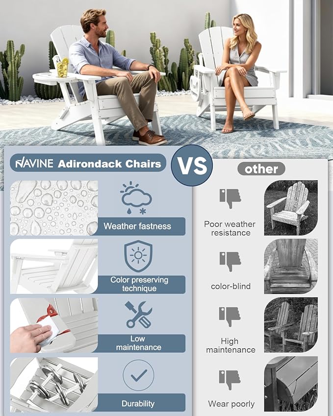 Adjustable Adirondack Chair Set of 6 with Cup Holder, All Weather HDPE Fire Pit Chairs for Deck, Backyard, Patio, White