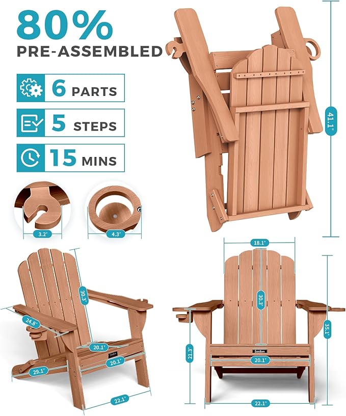 Adirondack Chair Set of 6, HDPE Material Fire Pit Chairs, Plastic Adirondack Chairs with 2 Cup Holder, Outdoor Lawn Chair for Patio Garden,Teak