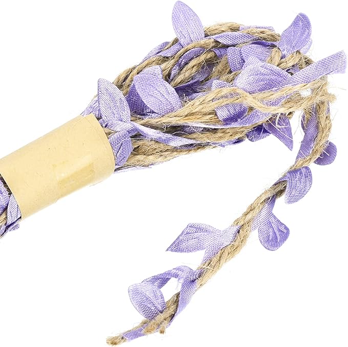 PATIKIL 6.6ft 5mm Burlap Leaf Ribbon, 2 Pack Braided Decoration Vine Natural Jute Rope Twine with Artificial Leaves for Jungle Wedding Party Home Garden Decor, Light Purple
