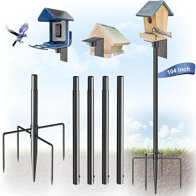 Bird Feeder Pole - 104 Inch Slip-Fit Structure for Anti-Wobble Stability, 1-Inch Steel Station with Universal Mounting Platform & 5-Prong Base for Feeders, Bird House, Outdoor