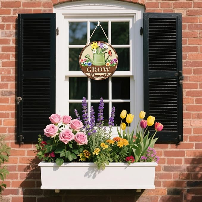 HOURIA 3D Spring Flower Wreath Door Sign(11.4”x11.4”), Grow Dammit Garden Farmhouse Wooden Door Decor,Vintage Spring Watering Can Floral Wall Hanging Sign for Front Door Outdoor Porch