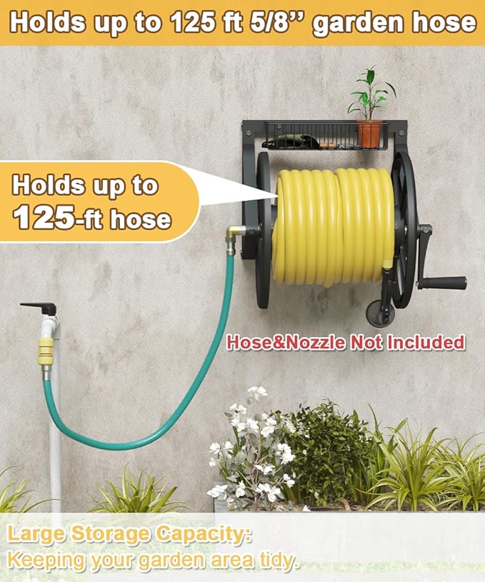 Triangle Wall Mounted Garden Hose Reel, Outdoor Heavy-Duty Water Hoses Holder Winder, Holds 125 Ft of 5/8-Inch Hose, with 3.9 ft Leader Hose, Brass Fitting, Storage Basket for Yard, Black
