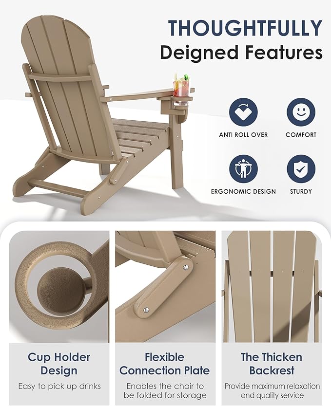 Folding Adirondack Chairs Set of 2, All-Weather Resistant HDPE Patio Firepit Chairs, Sturdy Outside Chairs with Cup Holder, Lawn Chairs, 80% Pre-installed Load Capacity 385lb, Weathered Wood
