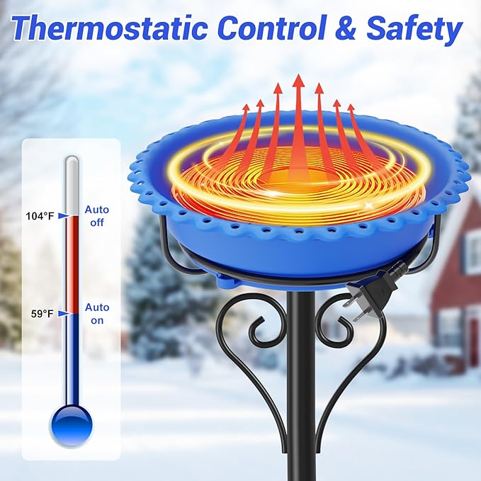 Heated Bird Bath for Outside Winter, Powerful 100W Thermostat Control Water Heated BirdBaths Bowl for Outdoors with 5-Prong Metal Base Heated Bird Bath for Garden Patio Yard Lawn (Blue)