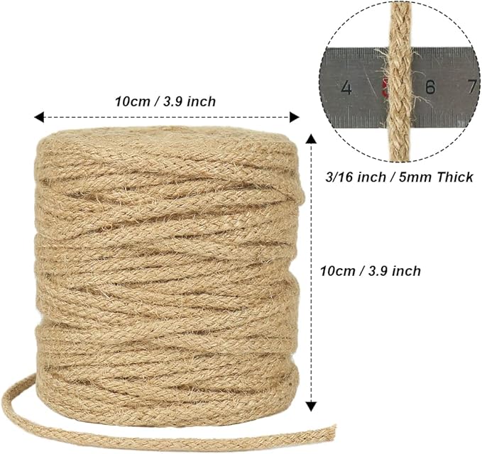 Tenn Well 5mm Jute Twine, 164 Feet Braided Jute Rope, Natural Twine String for Crafts, Gift Wrapping, Holiday Decorating, Gardening, Cat Tower Repairing, Macrame Jute Cord