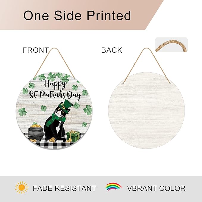 Happy St Patricks Day Cat Door Sign Shamrocks Clovers Tuxedo Cat Wood Door Hanger for Outdoor Outside Porch Holiday Farmhouse Wooden Indoor Wall Hanging Decoration