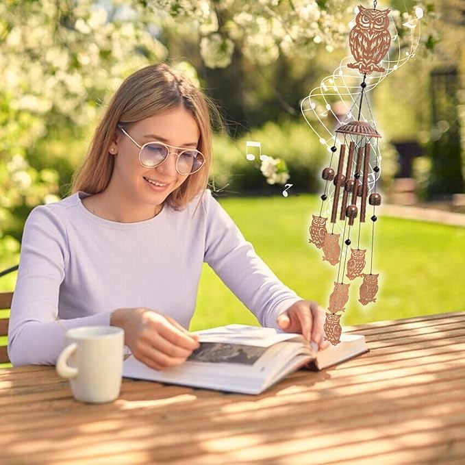 Owl Wind Chimes for Outside, Hanging Metal Windchimes Outdoors for Garden, Patio, Yard, Owl Gifts for Women, Men, Bird Lover, Garden Decor, Birthday, Festival, Memorial Gift with Box