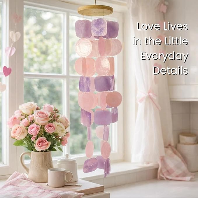 Solange & Frances Capiz Shell Wind Chimes for Outside - Elegant Outdoor Decor for Garden, Patio and Front Porch Decor. Unique Gifts for Mom, Gift for Women, Valentines Day Gifts (Purple & Pink)