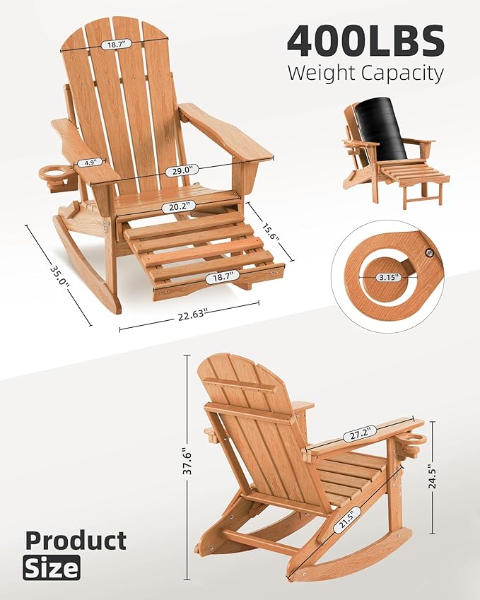 Folding Adirondack Rocking Chair Set of 4,4-in-1 Multifunctional Patio Chairs with Retractable Ottoman, Outdoor Chairs Wood Texture, Lawn Chair for Porch, Backyard, Pool(Teak)