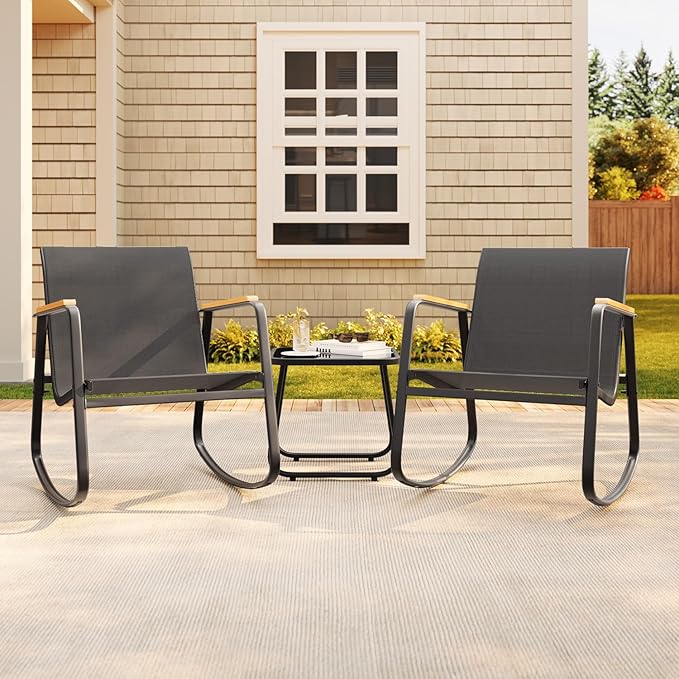 Aiho 3 Piece Rocking Bistro Set, Textilene Fabric Patio Furniture Set, Front Porch Rocker Chairs with Coffee Table for Lawn, Garden, Balcony, Poolside (Black)