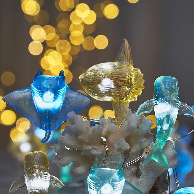 Outdoor Solar Garden Lights - Nautical Sea Life Decorative Fairy String Lights with 40 LED, 14ft Beach Tree Decor (Whale Shark, Sunfish, Manta Ray)