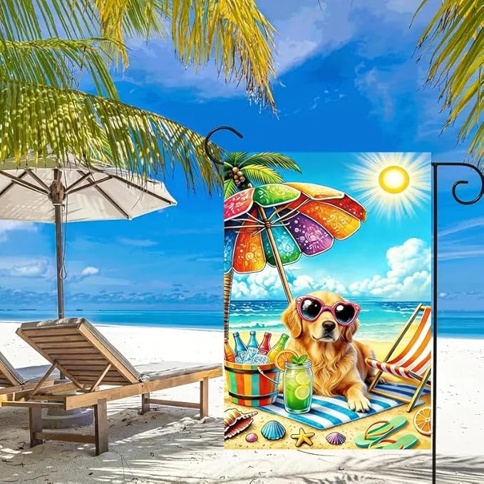 Summer Garden Flag 12x18 Double Sided, Burlap Seasonal Beach Golden Retrieve Dog Garden Flags Summer Decorations Outdoor, Small Decorative Yard Lawn Porch Flags for Outside Decor