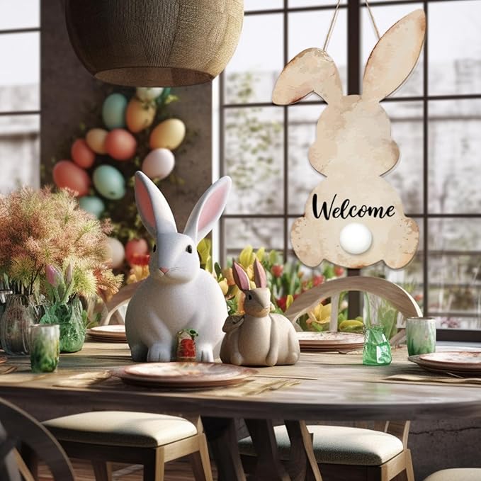 Juexica Easter Bunny Welcome Door Sign Easter Wall Hanging Sign for Front Door Wood Front Porch Decor Wall Pediments