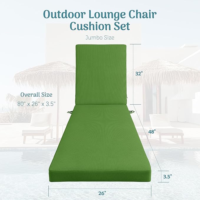 Codi Chaise Lounge Cushions Outdoor, Pool Lounges Chair Cushion Set, Waterproof for Patio Furniture, 80 x 26 x 3.5 Inch 1PK Green