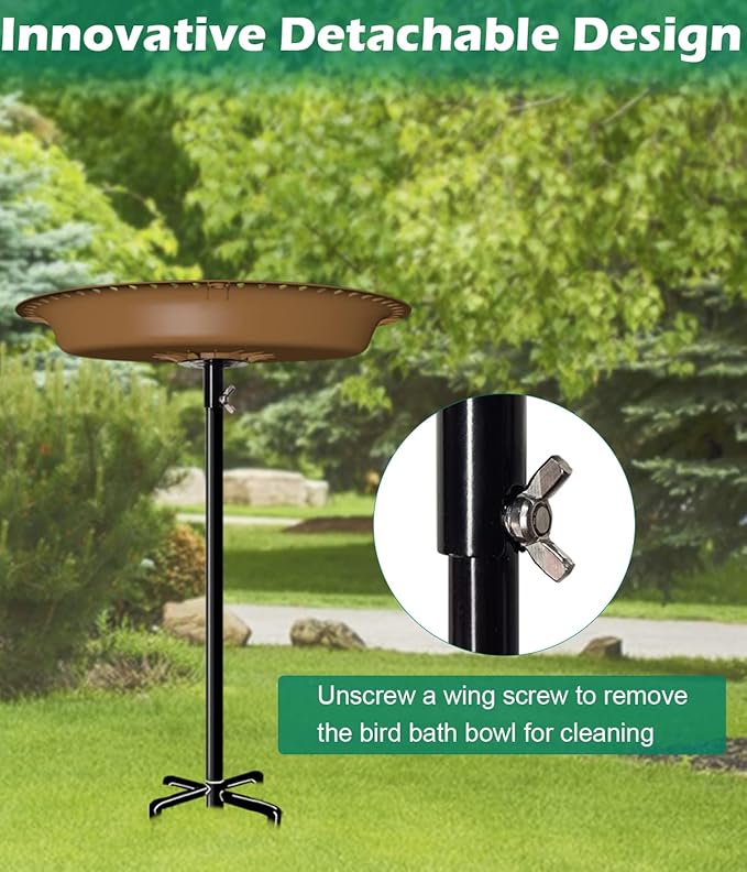 29 Inch Height Detachable Bird Bath with Metal Stake Stand, Oval Shape Birdbath Bowl Spa & Birdfeeder with 5-Prong Base for Outdoor Garden, Brown