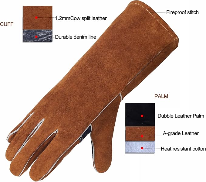 Leather Fireplace Gloves Heat Resistant for Mig,Tig welding,Stick,Forge,BBQ,Grill, Wood Stove,Fireproof Stitching