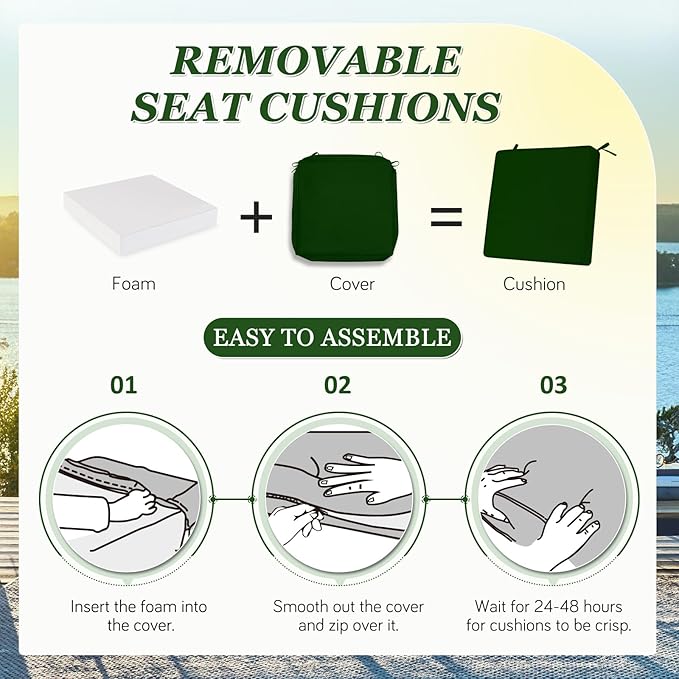 Waterproof Outdoor Chair Cushions Set of 2, Square Outdoor Seat Cushions with Ties and Removable Covers, 22 x 22 Outdoor Cushions for Patio Furniture with Portable Handle(Forest Green)