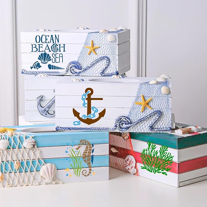 25 PCS Sea Ocean Creatures Stencils Reusable Sea Animal Templates for Painting, Mermaid Stencils for Scrapbooking Drawing Wood Wall Floor Furniture Rock Decor DIY Crafts Projects 5 x 5 Inch