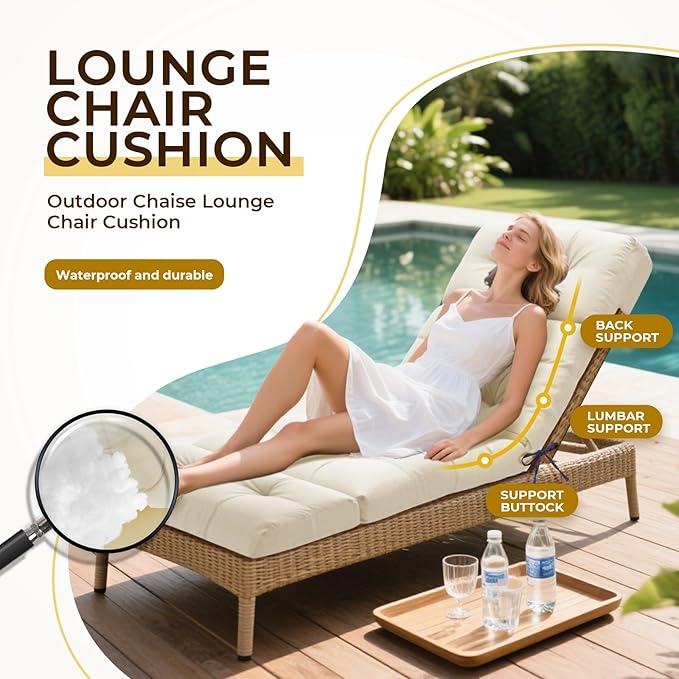 Outdoor Chaise Lounge Chair Cushion Waterproof 74.4 x 22 x 4.7 Inches Lounge Chair Cushions Replacement for Outdoor Furniture with Ties and Pocket, Thickened Pool Lounge Chair Cushions, Cream