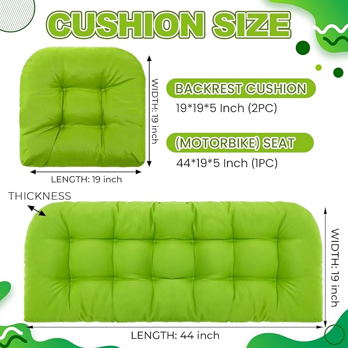 Barydat 3 Pack Wicker Furniture Cushions Waterproof Outdoor/Indoor Tufted Wicker Chair Cushions 1 Loveseat and 2 U-Shape Rattan Chairs for Patio Furniture, Rattan Love Seat, Bench (Grass Green)