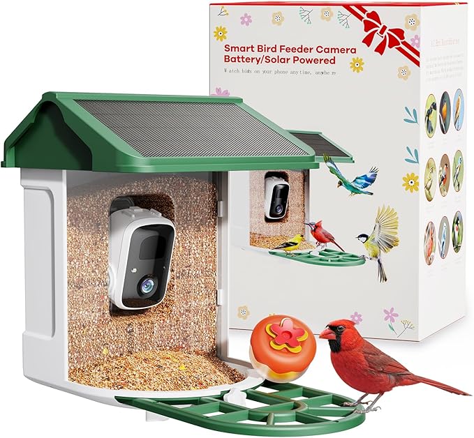 Bird Feeder with Camera Solar Powered-2K Live Feed, Smart AI Identify Birds, 2L Food Capacity, Auto Captured Bird Video, Real-time Arrived Alerts, Mini Hummingbird Feeder for Outdoor Backyard