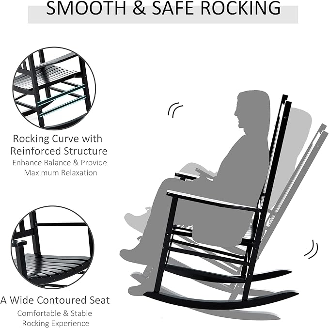 Outsunny Outdoor Rocking Chair, Patio Wooden Rocking Chair with Smooth Armrests, High Back for Garden, Balcony, Porch, Supports Up to 353 lbs, Black